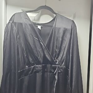 Black Satin Sleeved V Line Dress With Frilly Bottom